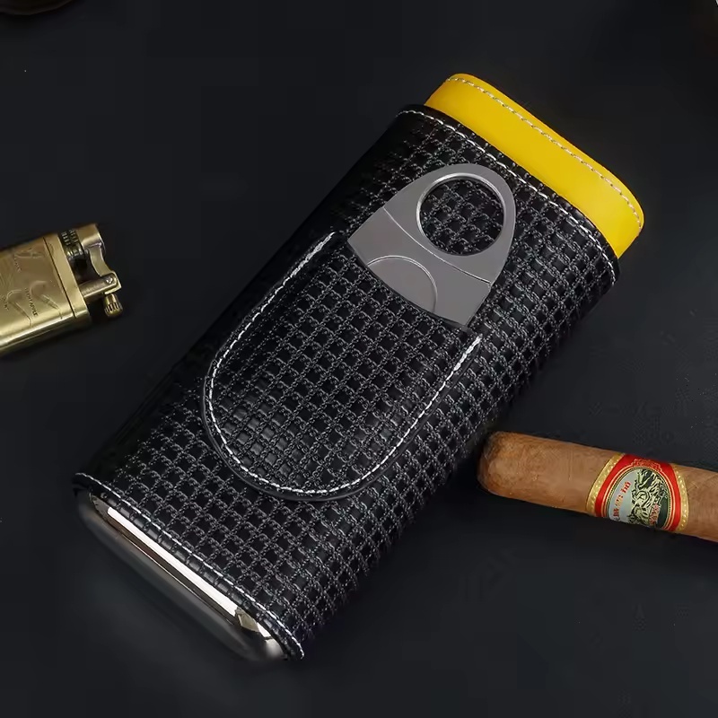 Cigar Cutter Set - Tragbarer Leder-Zigarren-Humidor mit Zedernholzfutter, 3-Finger-Reise-Zigarrenetui +