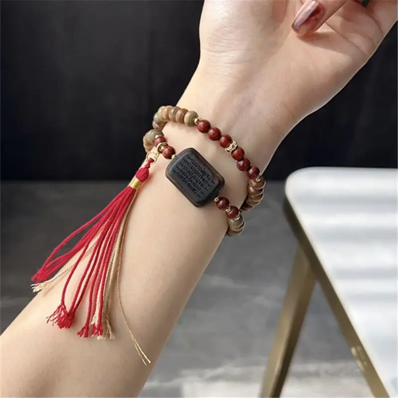Bead Bracelet Men - Natürliches Grünes Sandelholz-Perlenarmband mit Zwei Kreisen