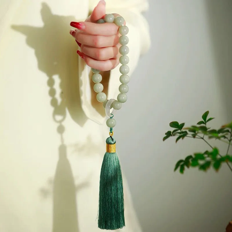 Bead Bracelet Men - Grüner Jade stein 12mm Perlen Quaste